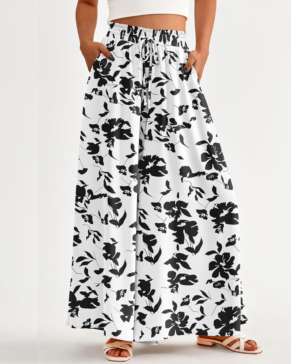imageBTFBM Women Casual High Waist Wide Leg Pants 2026 Spring Summer Long Palazzo Pants Pocket Lounge Beach Vacation ClothesPrint Black