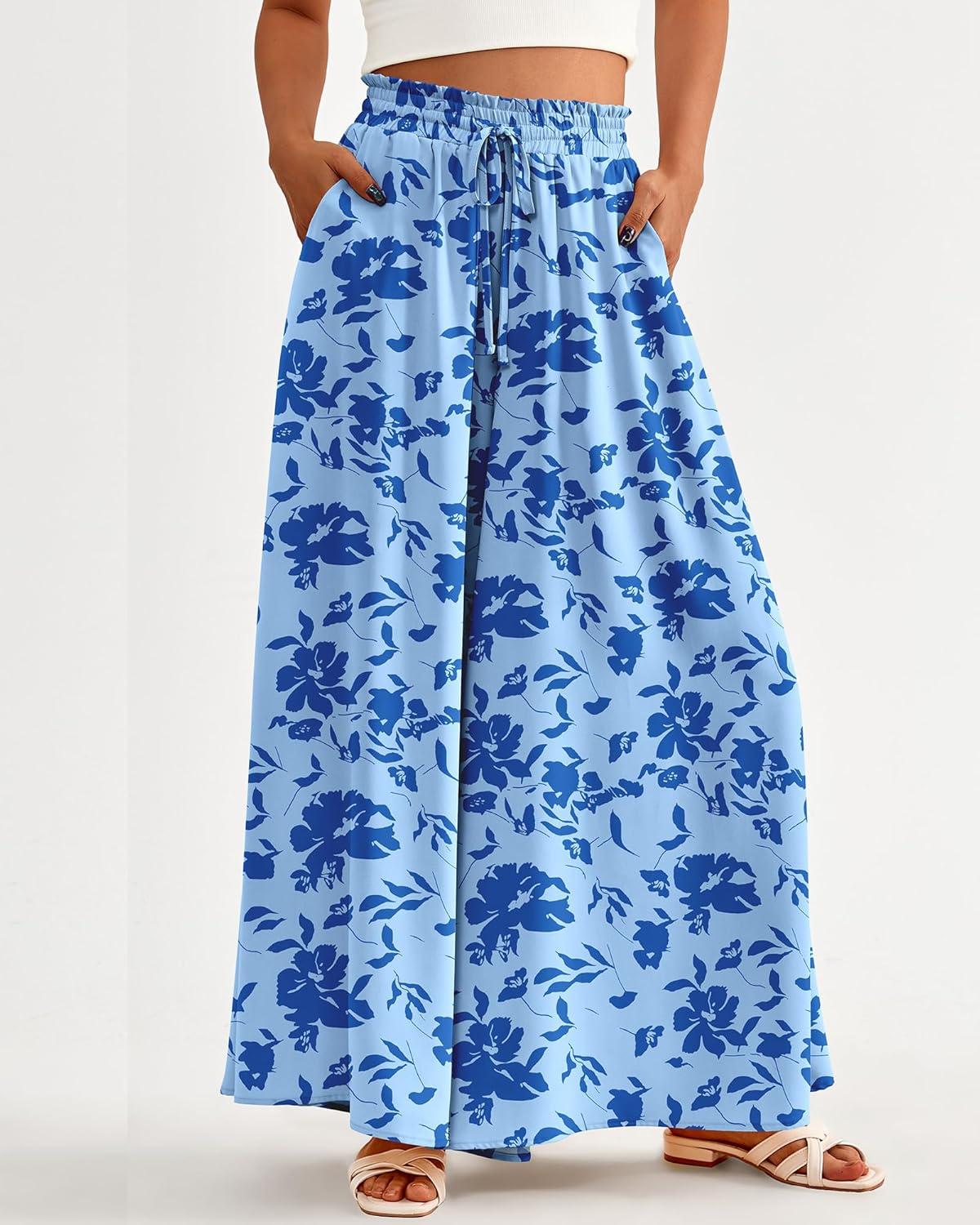 imageBTFBM Women Casual High Waist Wide Leg Pants 2026 Spring Summer Long Palazzo Pants Pocket Lounge Beach Vacation ClothesPrint Blue