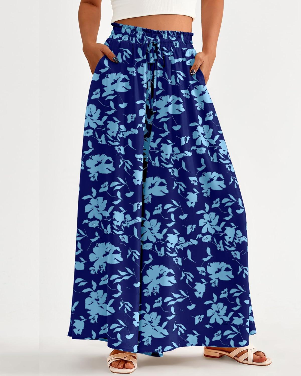 imageBTFBM Women Casual High Waist Wide Leg Pants 2026 Spring Summer Long Palazzo Pants Pocket Lounge Beach Vacation ClothesPrint Dark Blue
