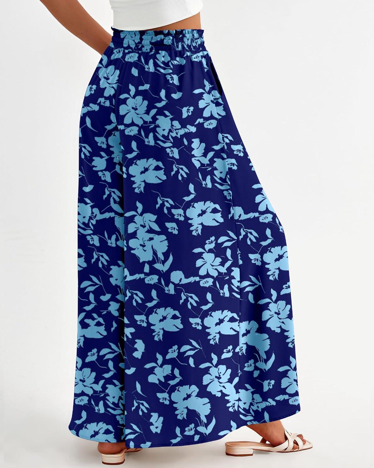 imageBTFBM Women Casual High Waist Wide Leg Pants 2026 Spring Summer Long Palazzo Pants Pocket Lounge Beach Vacation ClothesPrint Dark Blue