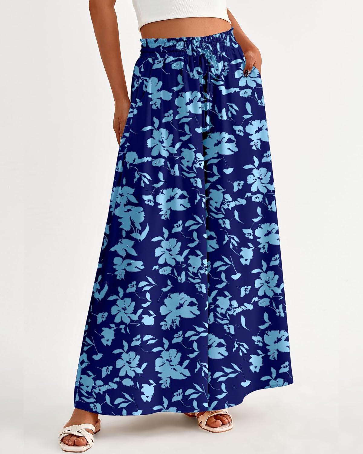 imageBTFBM Women Casual High Waist Wide Leg Pants 2026 Spring Summer Long Palazzo Pants Pocket Lounge Beach Vacation ClothesPrint Dark Blue