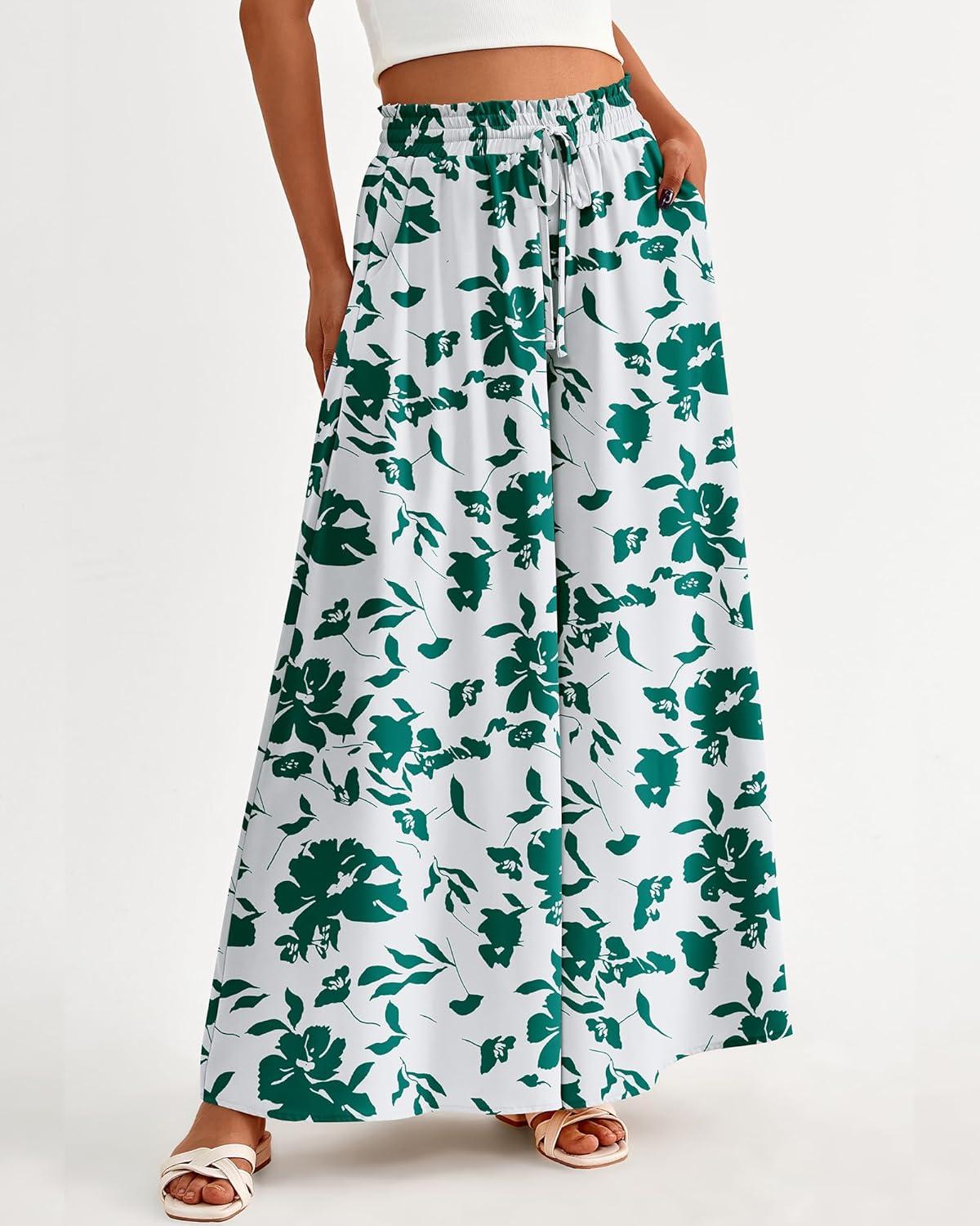 imageBTFBM Women Casual High Waist Wide Leg Pants 2026 Spring Summer Long Palazzo Pants Pocket Lounge Beach Vacation ClothesPrint Green