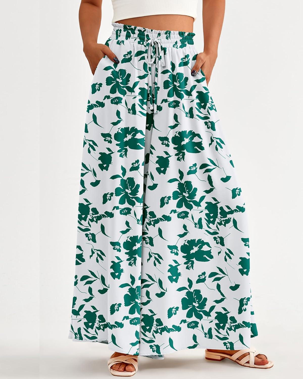 imageBTFBM Women Casual High Waist Wide Leg Pants 2026 Spring Summer Long Palazzo Pants Pocket Lounge Beach Vacation ClothesPrint Green