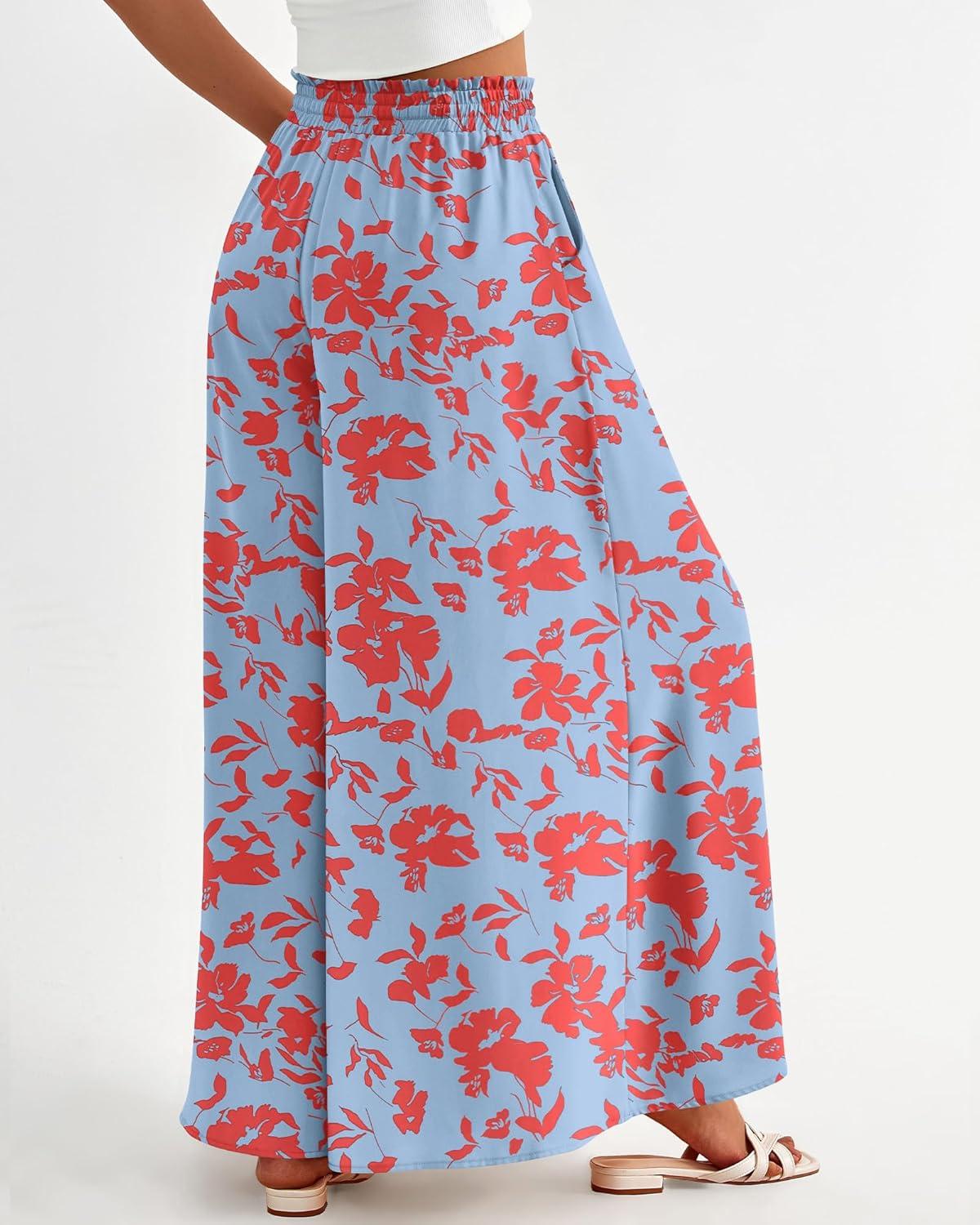 imageBTFBM Women Casual High Waist Wide Leg Pants 2026 Spring Summer Long Palazzo Pants Pocket Lounge Beach Vacation ClothesPrint Light Blue Red