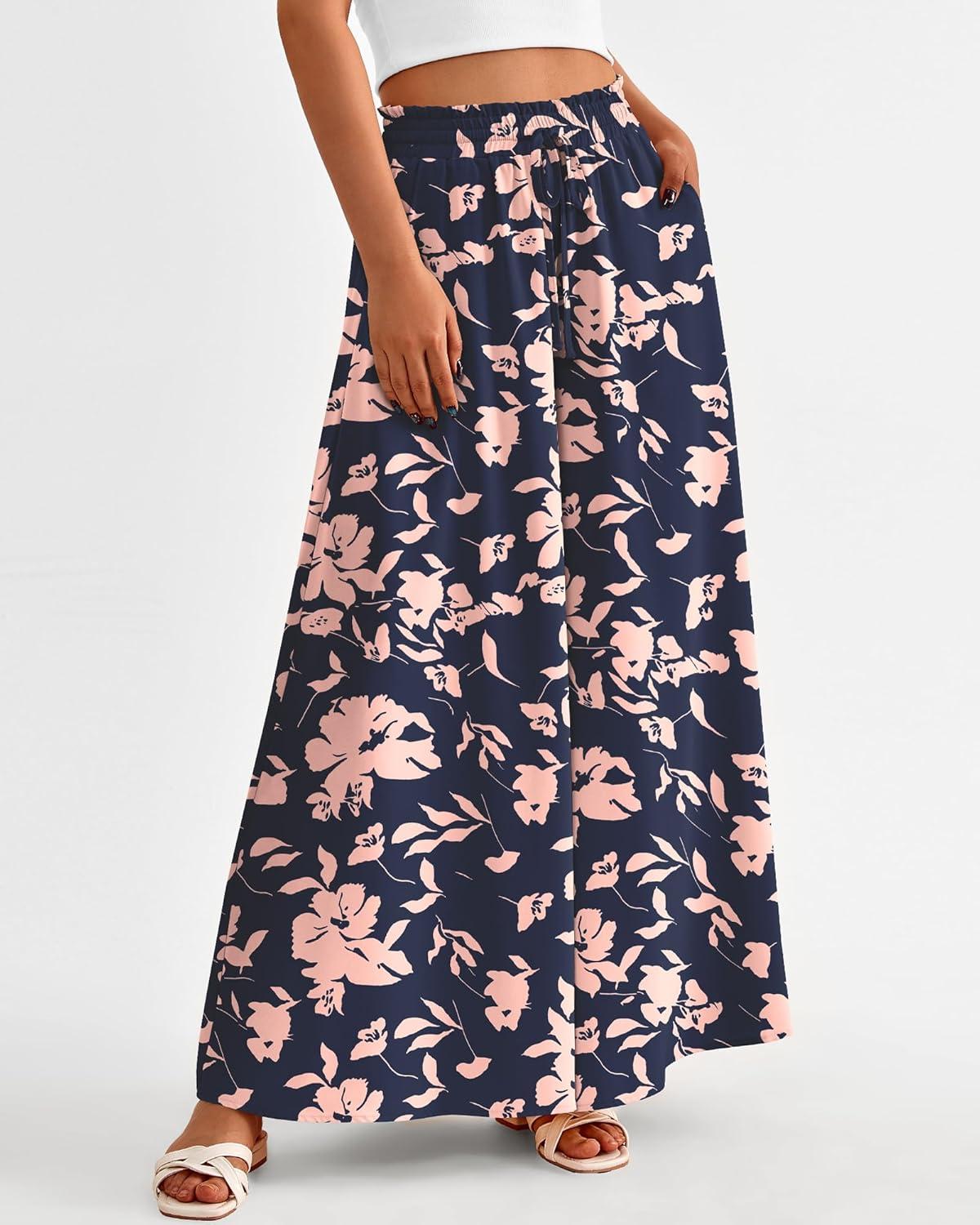 imageBTFBM Women Casual High Waist Wide Leg Pants 2026 Spring Summer Long Palazzo Pants Pocket Lounge Beach Vacation ClothesPrint Navy Pink