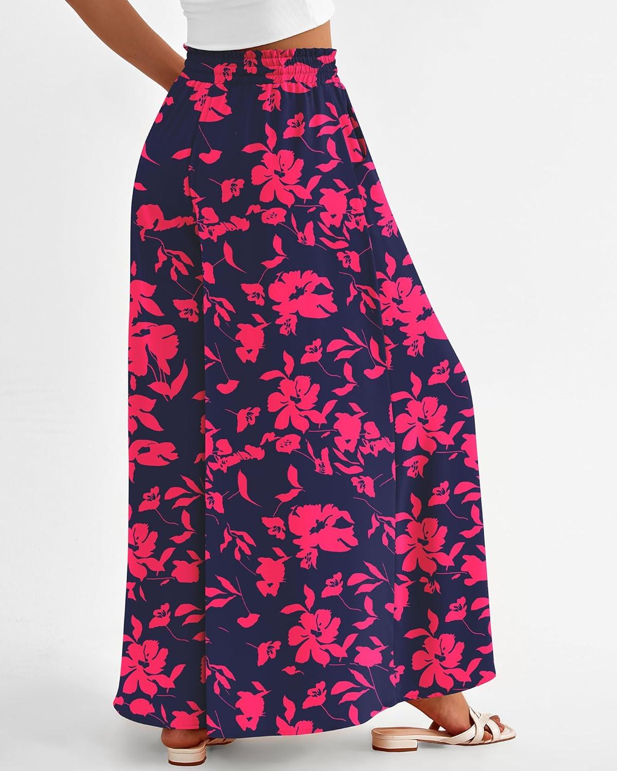 imageBTFBM Women Casual High Waist Wide Leg Pants 2026 Spring Summer Long Palazzo Pants Pocket Lounge Beach Vacation ClothesPrint Navy Rose Red