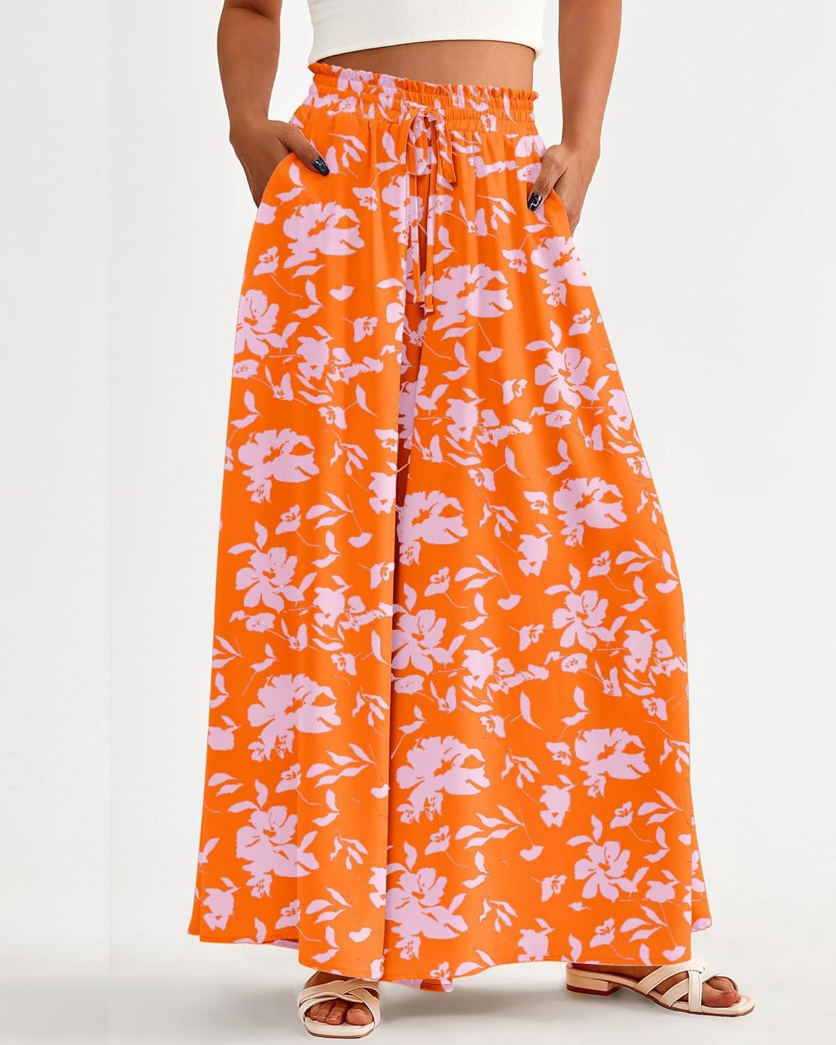 imageBTFBM Women Casual High Waist Wide Leg Pants 2026 Spring Summer Long Palazzo Pants Pocket Lounge Beach Vacation ClothesPrint Orange