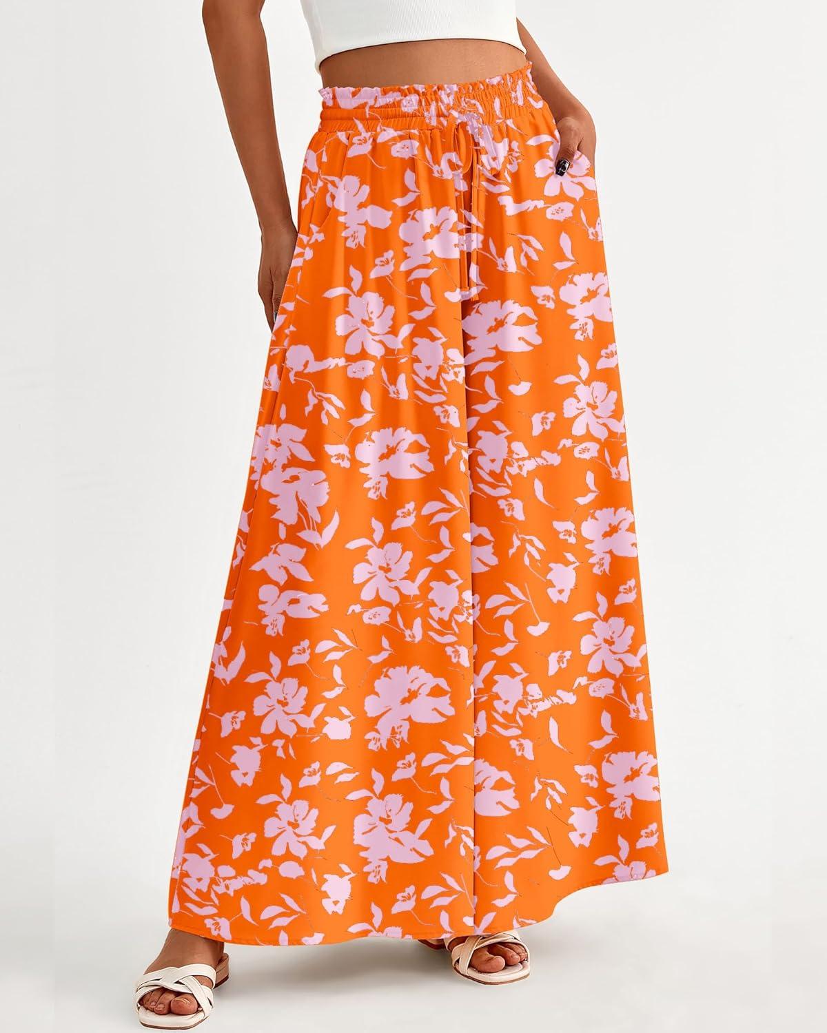 imageBTFBM Women Casual High Waist Wide Leg Pants 2026 Spring Summer Long Palazzo Pants Pocket Lounge Beach Vacation ClothesPrint Orange