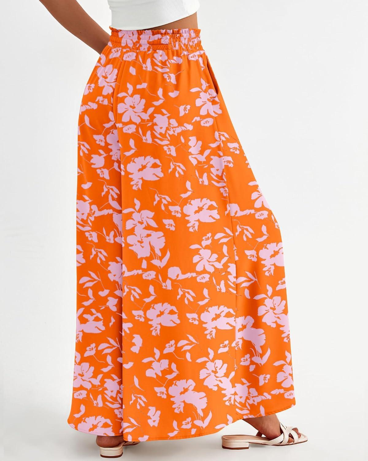 imageBTFBM Women Casual High Waist Wide Leg Pants 2026 Spring Summer Long Palazzo Pants Pocket Lounge Beach Vacation ClothesPrint Orange