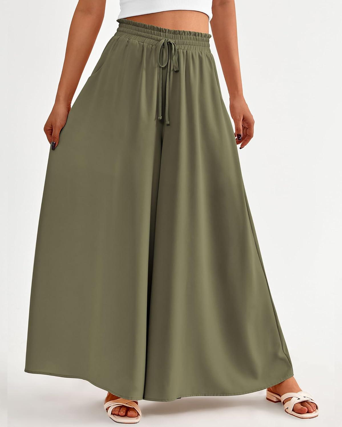 imageBTFBM Women Casual High Waist Wide Leg Pants 2026 Spring Summer Long Palazzo Pants Pocket Lounge Beach Vacation ClothesSolid Army Green