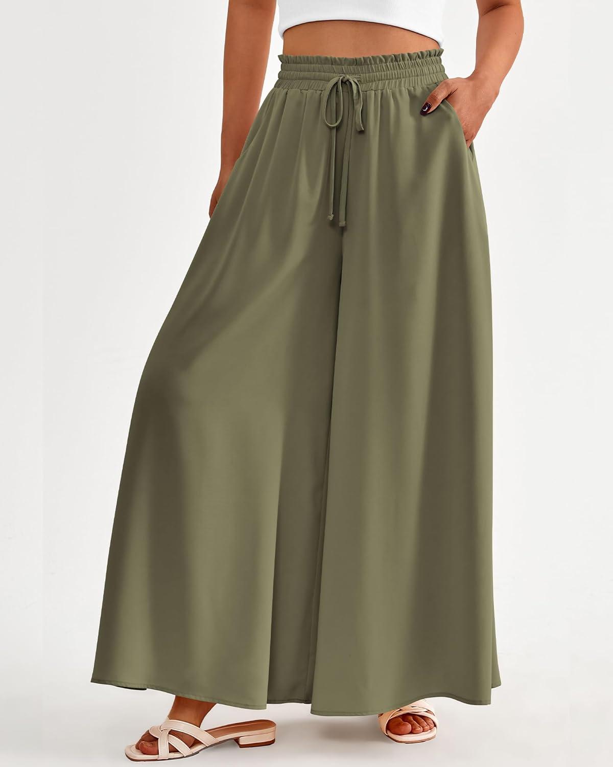 imageBTFBM Women Casual High Waist Wide Leg Pants 2026 Spring Summer Long Palazzo Pants Pocket Lounge Beach Vacation ClothesSolid Army Green