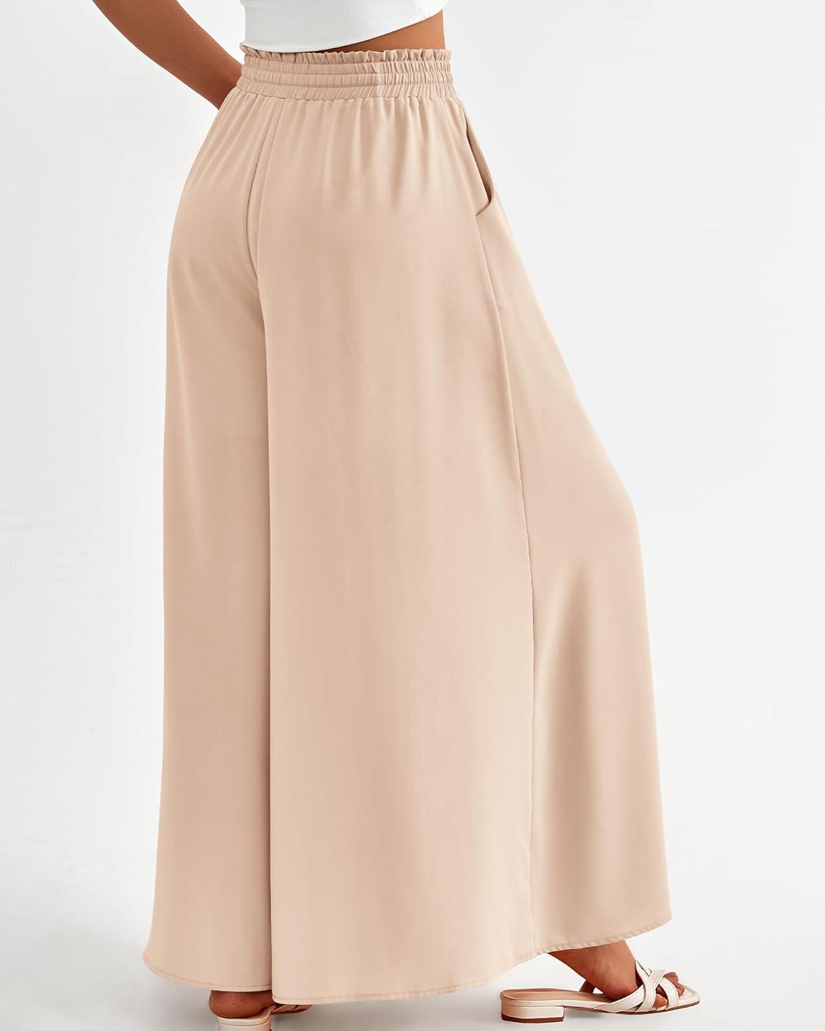 imageBTFBM Women Casual High Waist Wide Leg Pants 2026 Spring Summer Long Palazzo Pants Pocket Lounge Beach Vacation ClothesSolid Beige