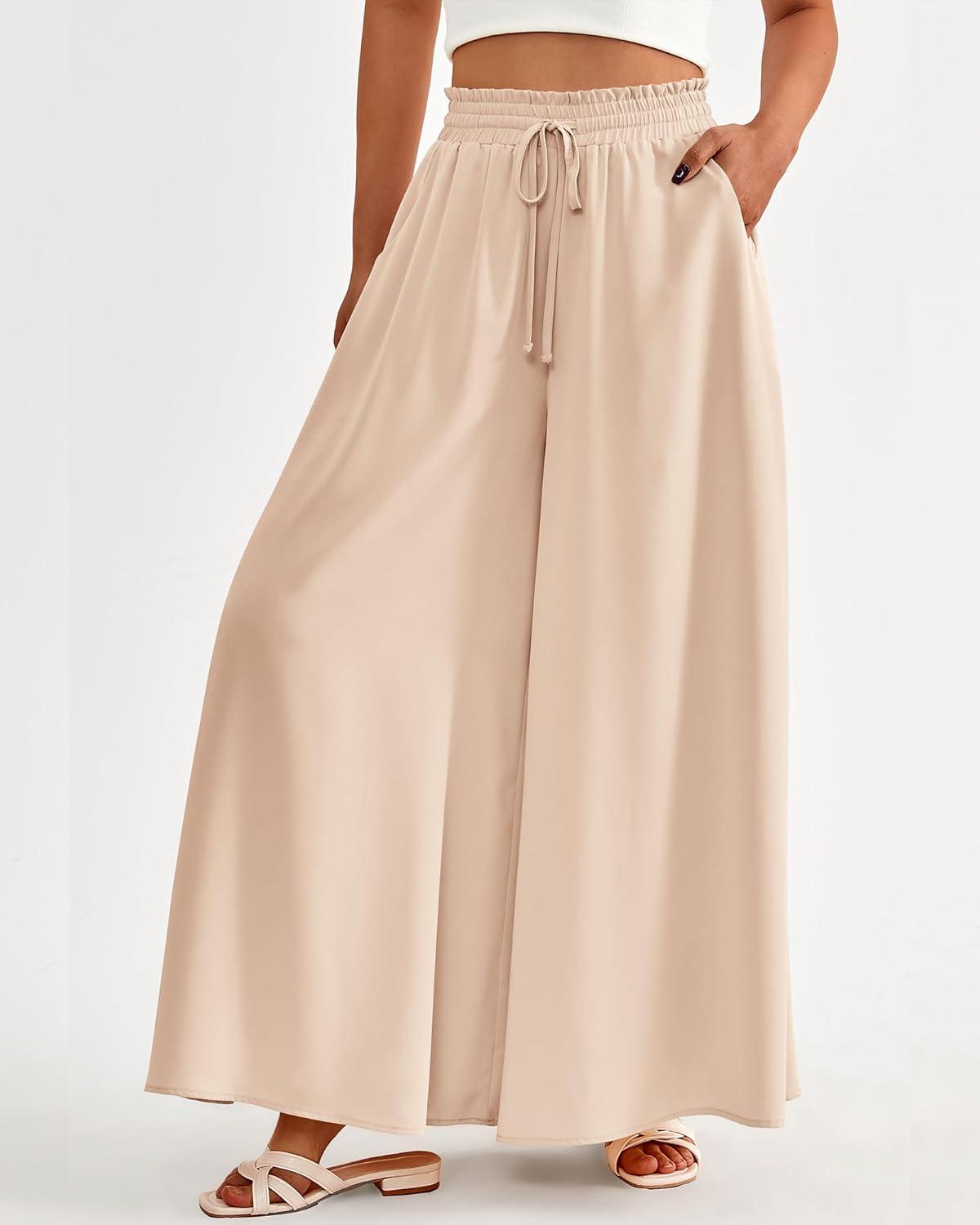 imageBTFBM Women Casual High Waist Wide Leg Pants 2026 Spring Summer Long Palazzo Pants Pocket Lounge Beach Vacation ClothesSolid Beige
