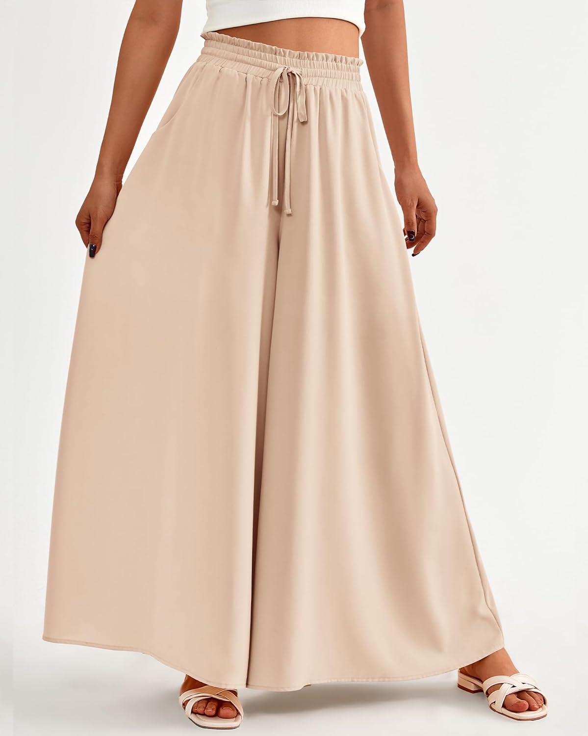 imageBTFBM Women Casual High Waist Wide Leg Pants 2026 Spring Summer Long Palazzo Pants Pocket Lounge Beach Vacation ClothesSolid Beige