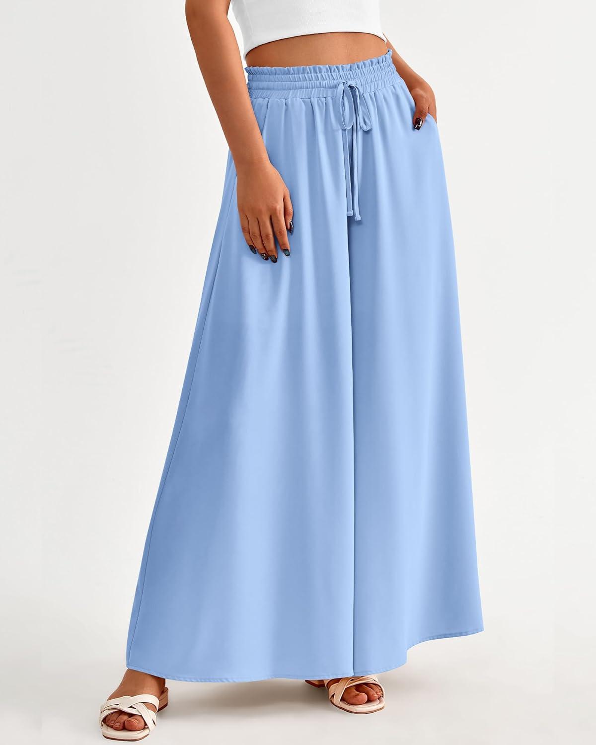 imageBTFBM Women Casual High Waist Wide Leg Pants 2026 Spring Summer Long Palazzo Pants Pocket Lounge Beach Vacation ClothesSolid Blue
