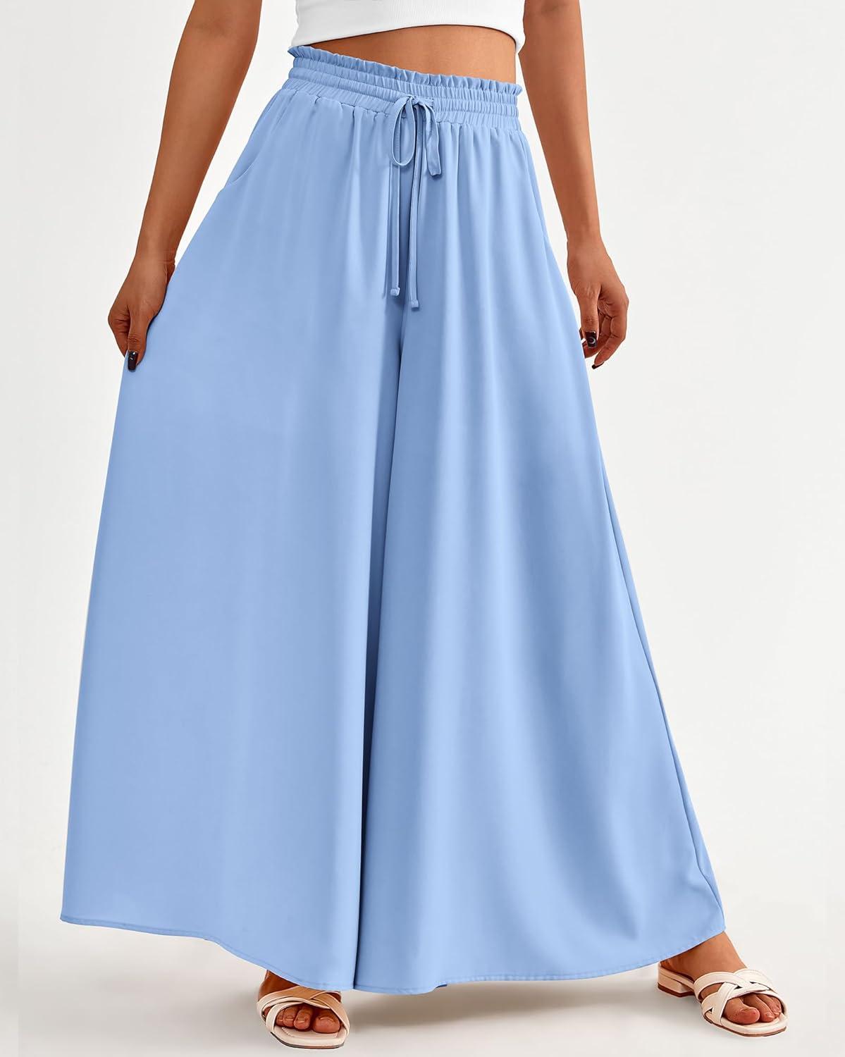 imageBTFBM Women Casual High Waist Wide Leg Pants 2026 Spring Summer Long Palazzo Pants Pocket Lounge Beach Vacation ClothesSolid Blue