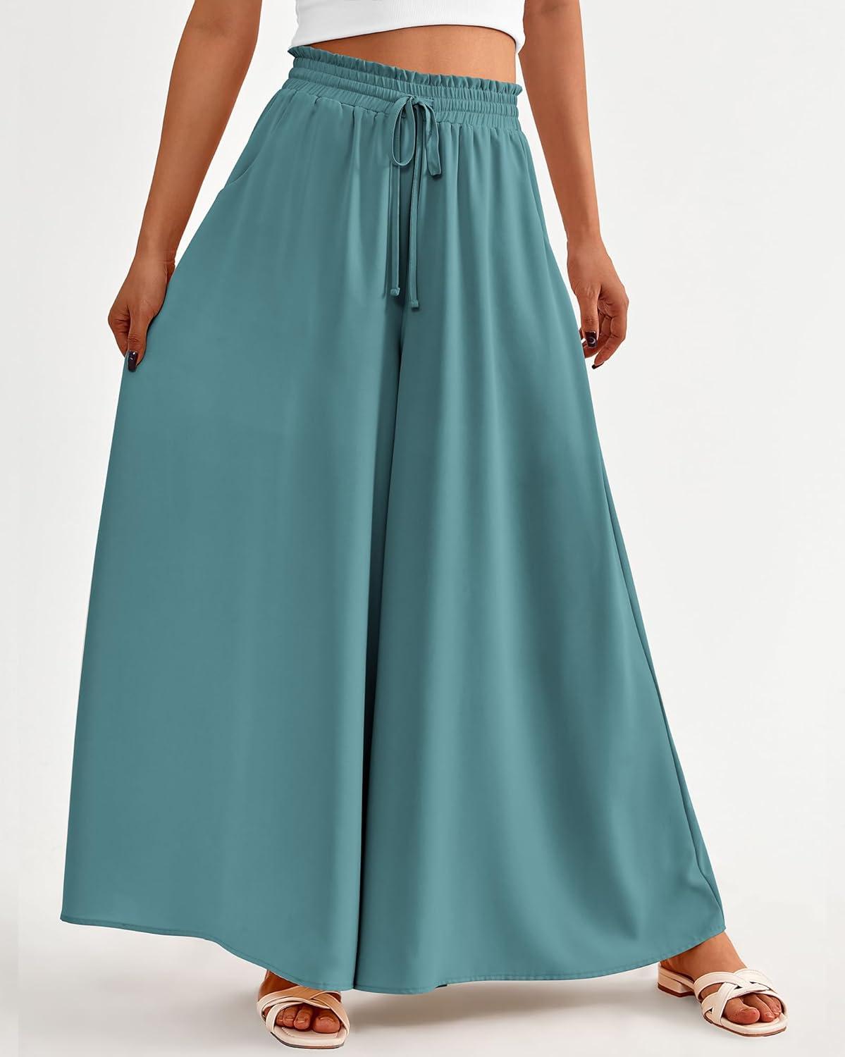 imageBTFBM Women Casual High Waist Wide Leg Pants 2026 Spring Summer Long Palazzo Pants Pocket Lounge Beach Vacation ClothesSolid Blue Green