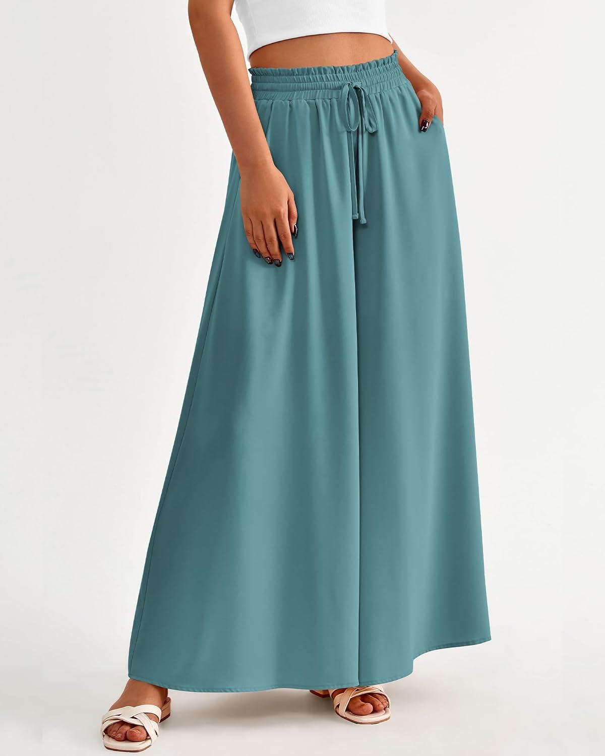 imageBTFBM Women Casual High Waist Wide Leg Pants 2026 Spring Summer Long Palazzo Pants Pocket Lounge Beach Vacation ClothesSolid Blue Green