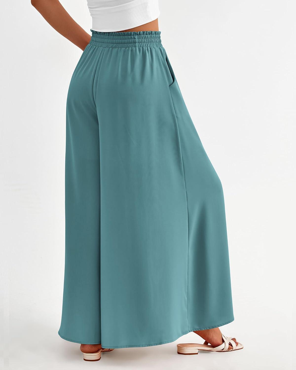 imageBTFBM Women Casual High Waist Wide Leg Pants 2026 Spring Summer Long Palazzo Pants Pocket Lounge Beach Vacation ClothesSolid Blue Green