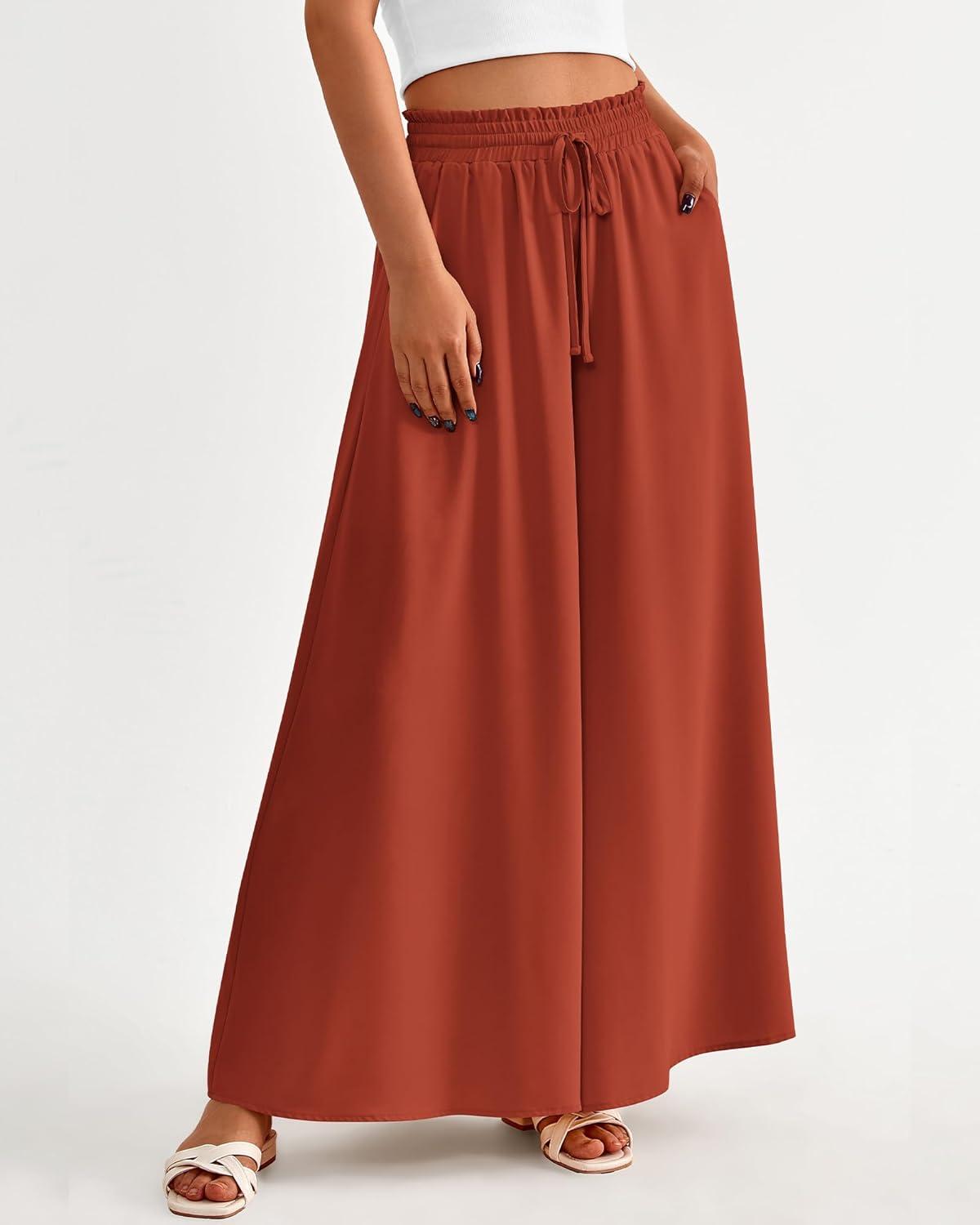 imageBTFBM Women Casual High Waist Wide Leg Pants 2026 Spring Summer Long Palazzo Pants Pocket Lounge Beach Vacation ClothesSolid Brick Red