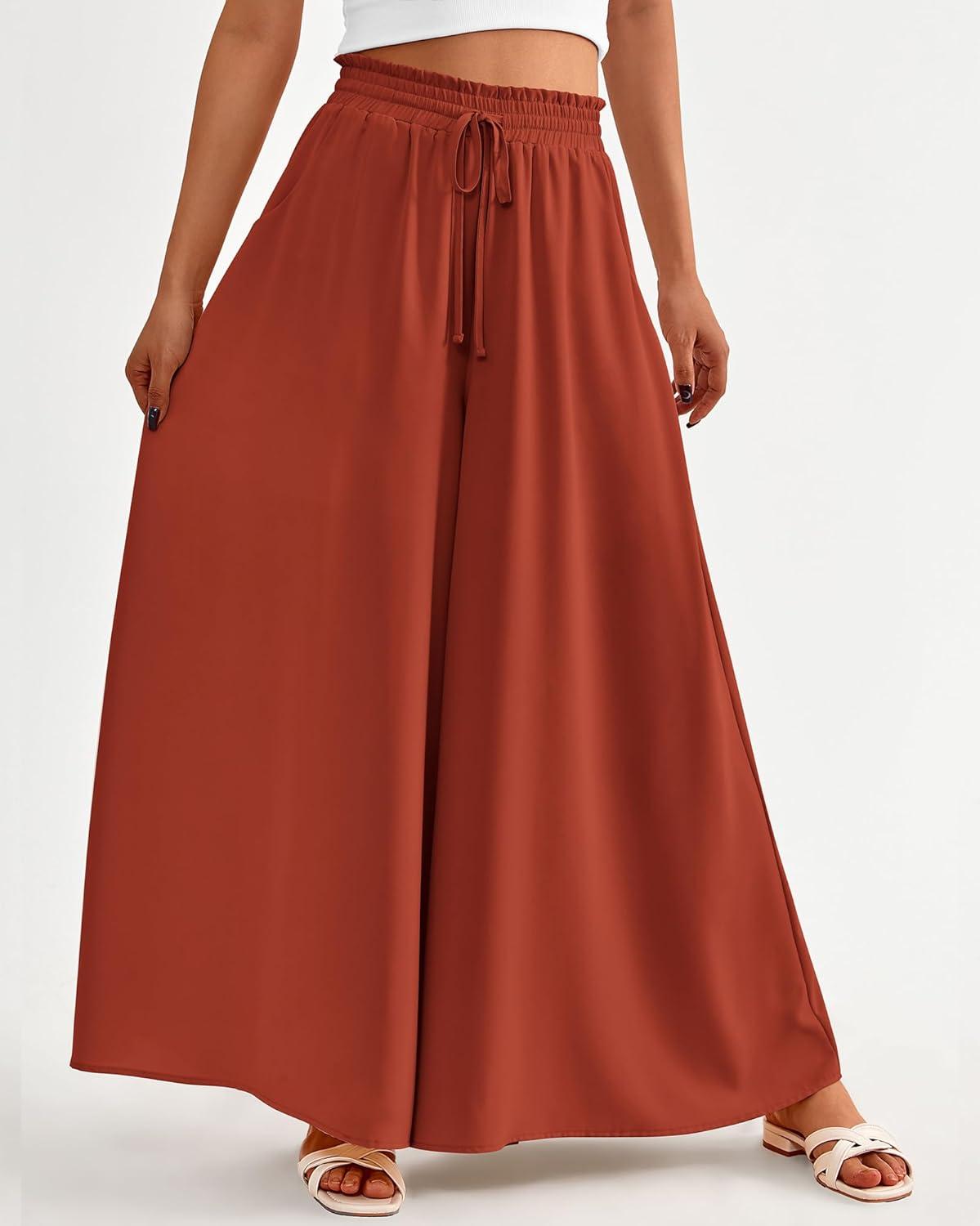 imageBTFBM Women Casual High Waist Wide Leg Pants 2026 Spring Summer Long Palazzo Pants Pocket Lounge Beach Vacation ClothesSolid Brick Red