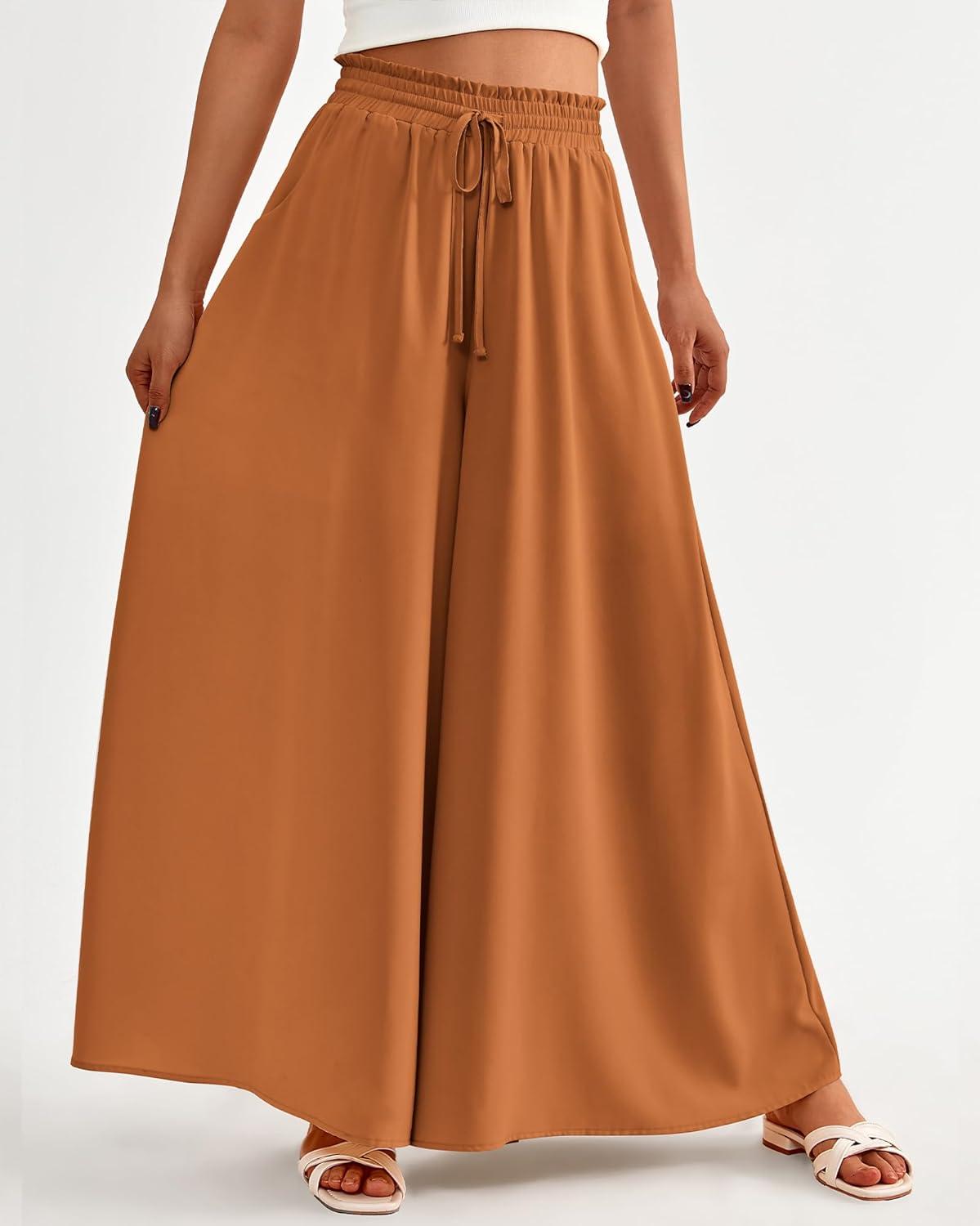 imageBTFBM Women Casual High Waist Wide Leg Pants 2026 Spring Summer Long Palazzo Pants Pocket Lounge Beach Vacation ClothesSolid Brown