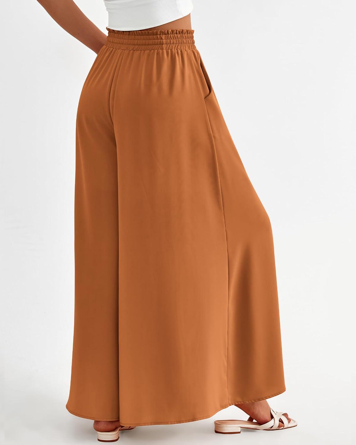 imageBTFBM Women Casual High Waist Wide Leg Pants 2026 Spring Summer Long Palazzo Pants Pocket Lounge Beach Vacation ClothesSolid Brown