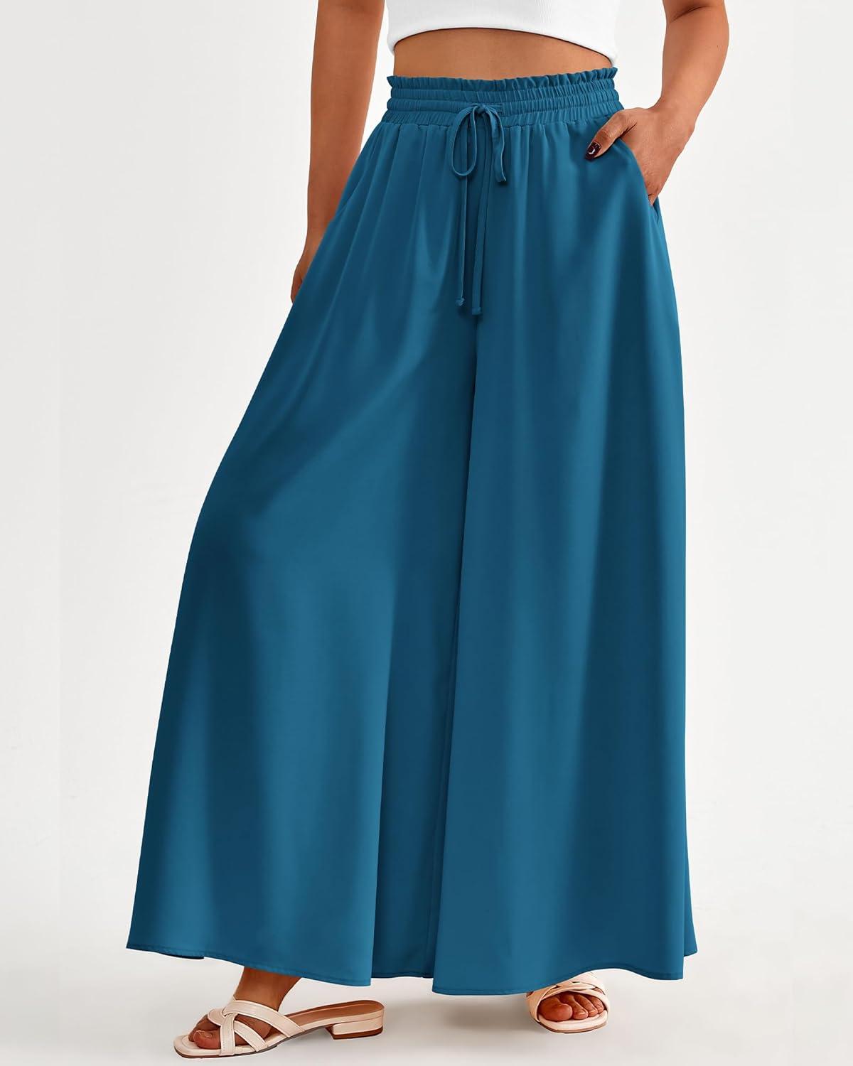 imageBTFBM Women Casual High Waist Wide Leg Pants 2026 Spring Summer Long Palazzo Pants Pocket Lounge Beach Vacation ClothesSolid Lake Blue
