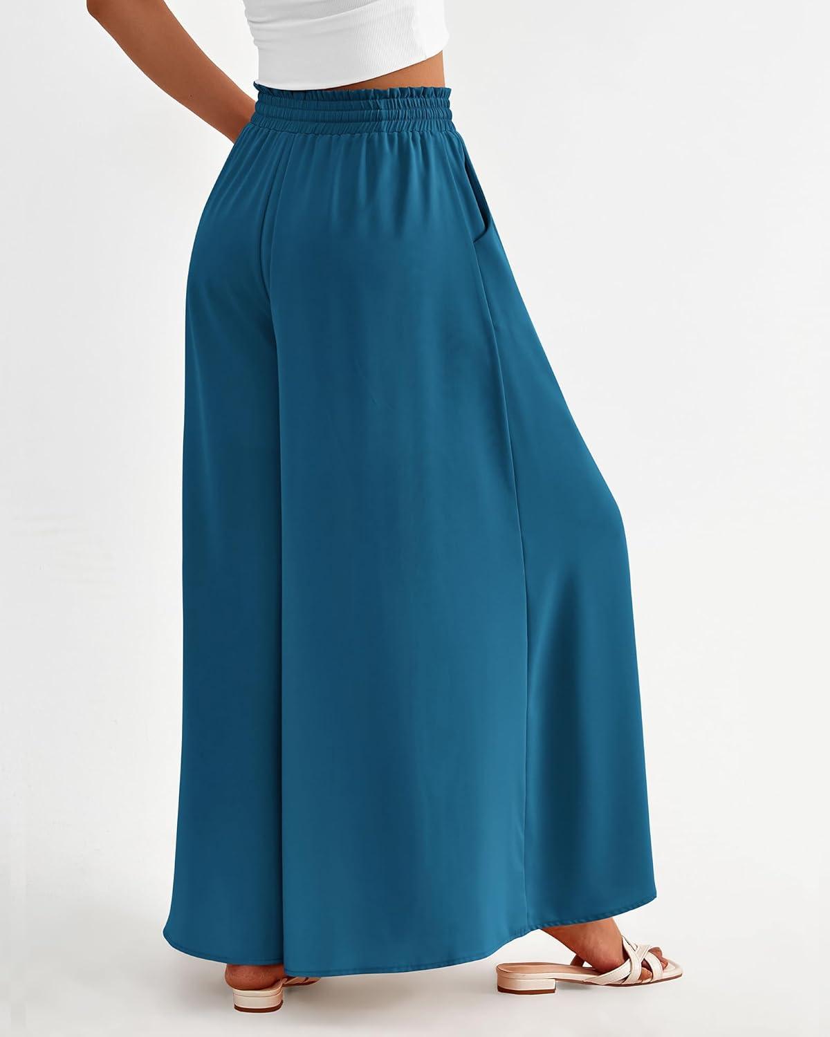 imageBTFBM Women Casual High Waist Wide Leg Pants 2026 Spring Summer Long Palazzo Pants Pocket Lounge Beach Vacation ClothesSolid Lake Blue