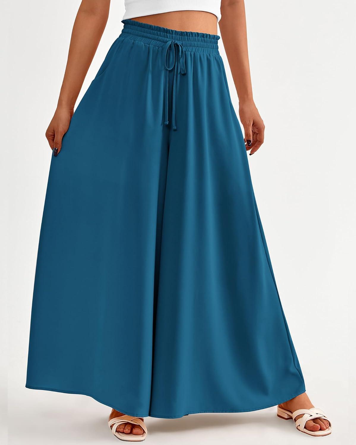 imageBTFBM Women Casual High Waist Wide Leg Pants 2026 Spring Summer Long Palazzo Pants Pocket Lounge Beach Vacation ClothesSolid Lake Blue