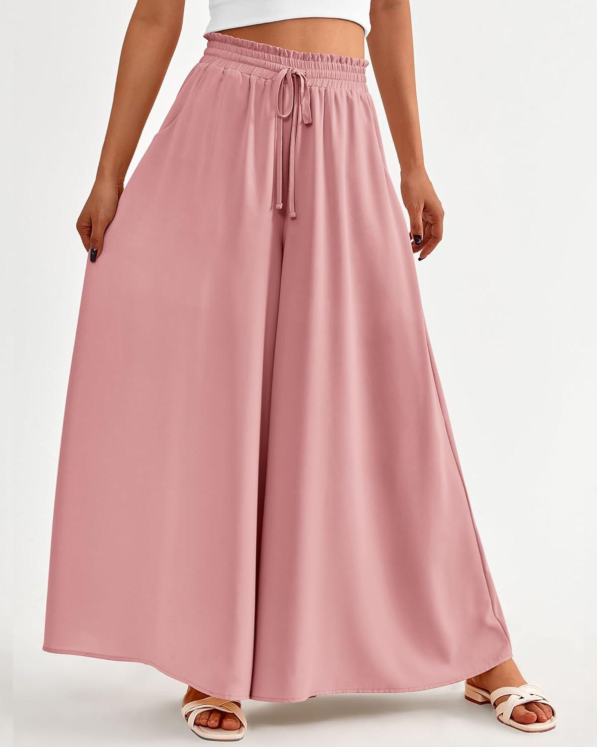imageBTFBM Women Casual High Waist Wide Leg Pants 2026 Spring Summer Long Palazzo Pants Pocket Lounge Beach Vacation ClothesSolid Pink