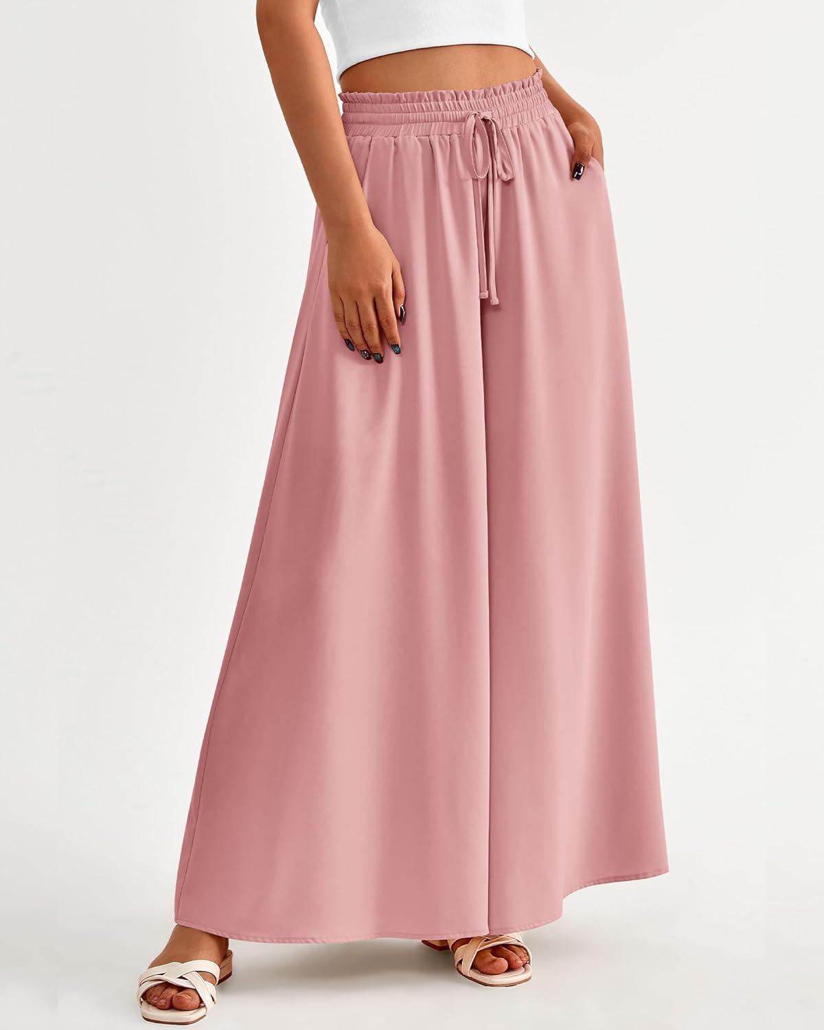 imageBTFBM Women Casual High Waist Wide Leg Pants 2026 Spring Summer Long Palazzo Pants Pocket Lounge Beach Vacation ClothesSolid Pink