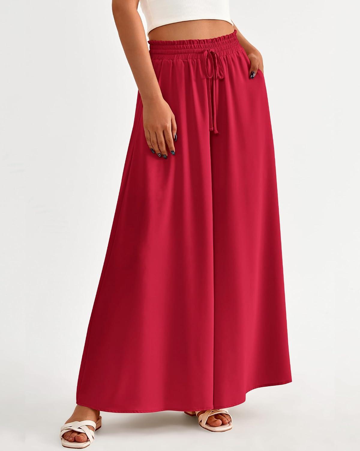 imageBTFBM Women Casual High Waist Wide Leg Pants 2026 Spring Summer Long Palazzo Pants Pocket Lounge Beach Vacation ClothesSolid Red