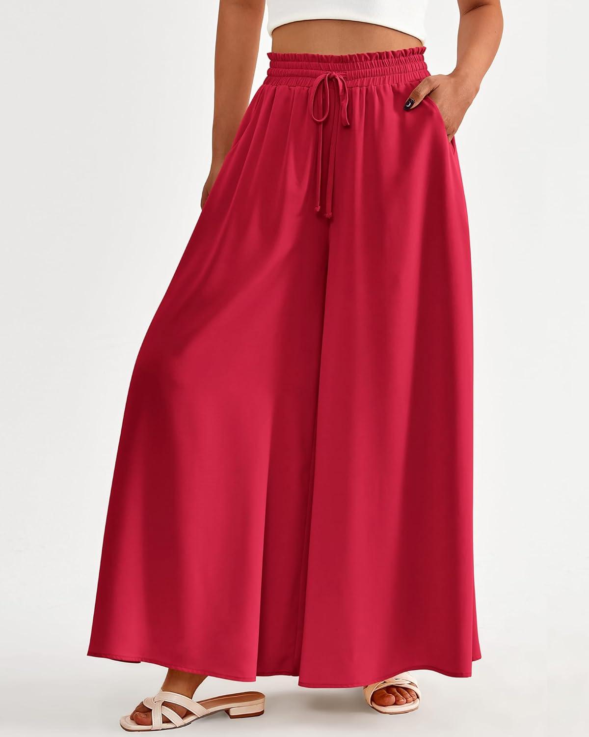 imageBTFBM Women Casual High Waist Wide Leg Pants 2026 Spring Summer Long Palazzo Pants Pocket Lounge Beach Vacation ClothesSolid Red