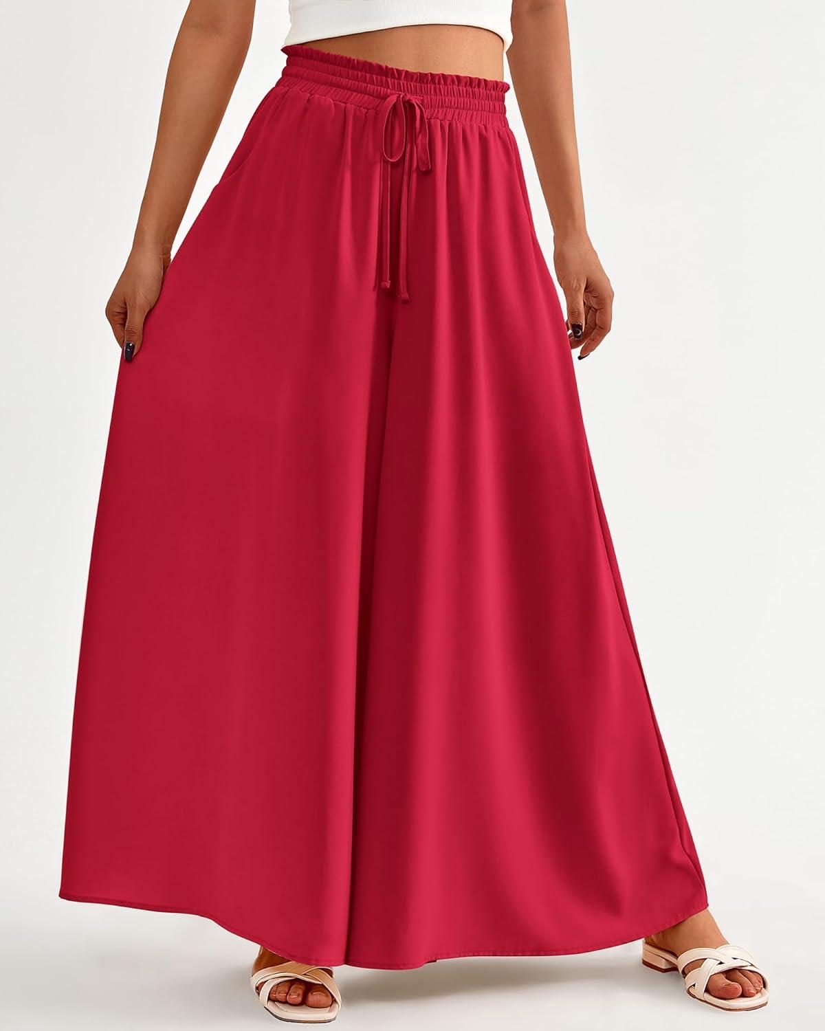 imageBTFBM Women Casual High Waist Wide Leg Pants 2026 Spring Summer Long Palazzo Pants Pocket Lounge Beach Vacation ClothesSolid Red