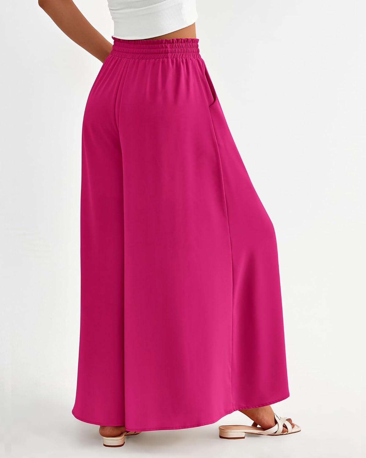 imageBTFBM Women Casual High Waist Wide Leg Pants 2026 Spring Summer Long Palazzo Pants Pocket Lounge Beach Vacation ClothesSolid Rose Red
