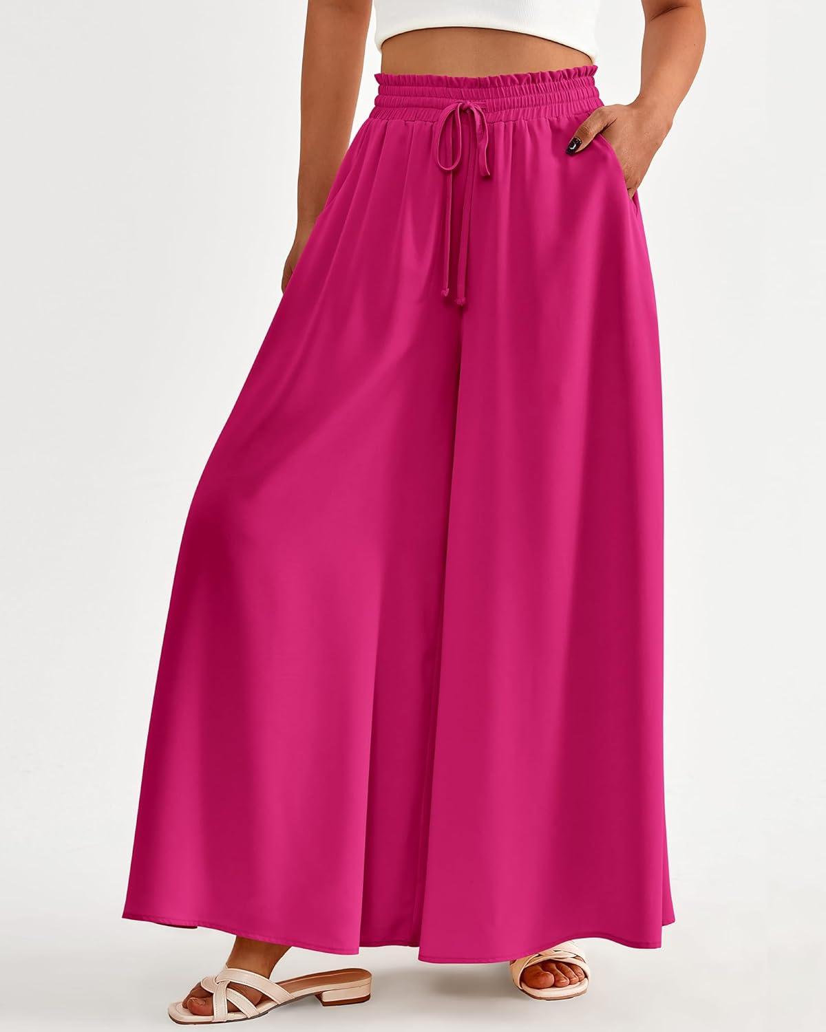 imageBTFBM Women Casual High Waist Wide Leg Pants 2026 Spring Summer Long Palazzo Pants Pocket Lounge Beach Vacation ClothesSolid Rose Red