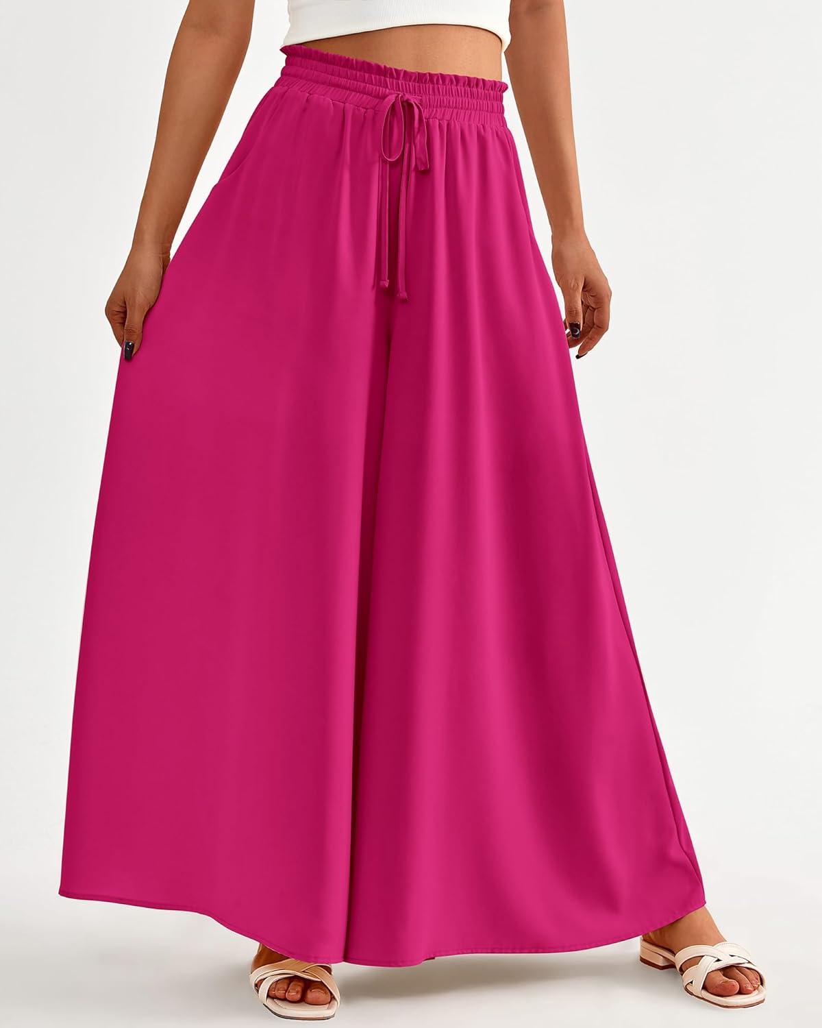 imageBTFBM Women Casual High Waist Wide Leg Pants 2026 Spring Summer Long Palazzo Pants Pocket Lounge Beach Vacation ClothesSolid Rose Red