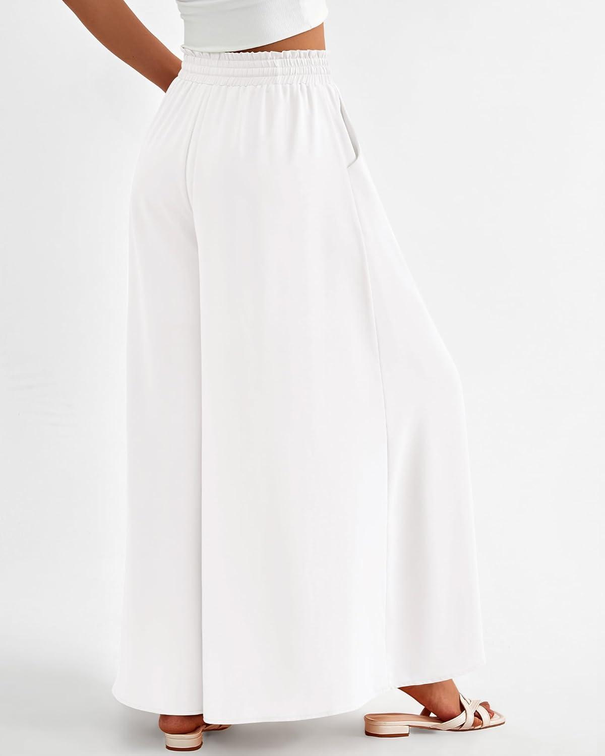 imageBTFBM Women Casual High Waist Wide Leg Pants 2026 Spring Summer Long Palazzo Pants Pocket Lounge Beach Vacation ClothesSolid White