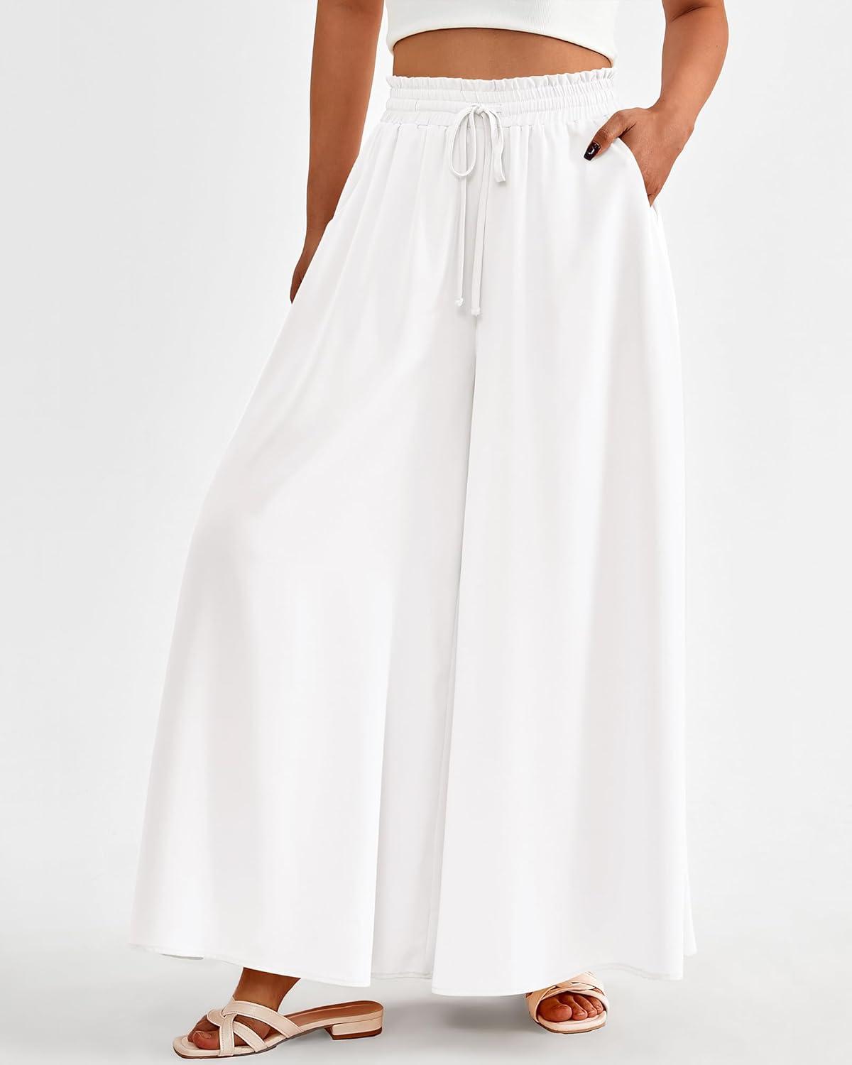 imageBTFBM Women Casual High Waist Wide Leg Pants 2026 Spring Summer Long Palazzo Pants Pocket Lounge Beach Vacation ClothesSolid White