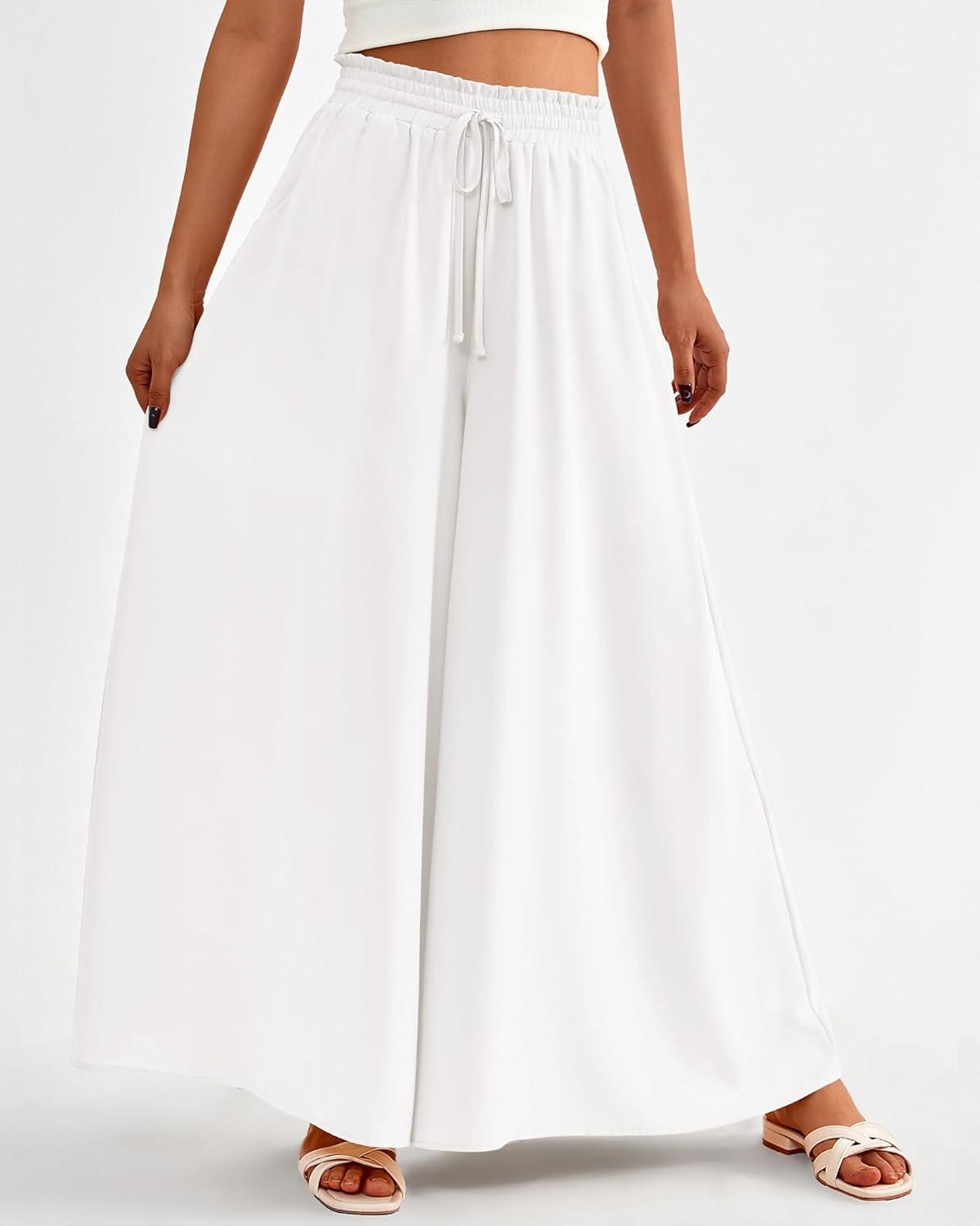 imageBTFBM Women Casual High Waist Wide Leg Pants 2026 Spring Summer Long Palazzo Pants Pocket Lounge Beach Vacation ClothesSolid White