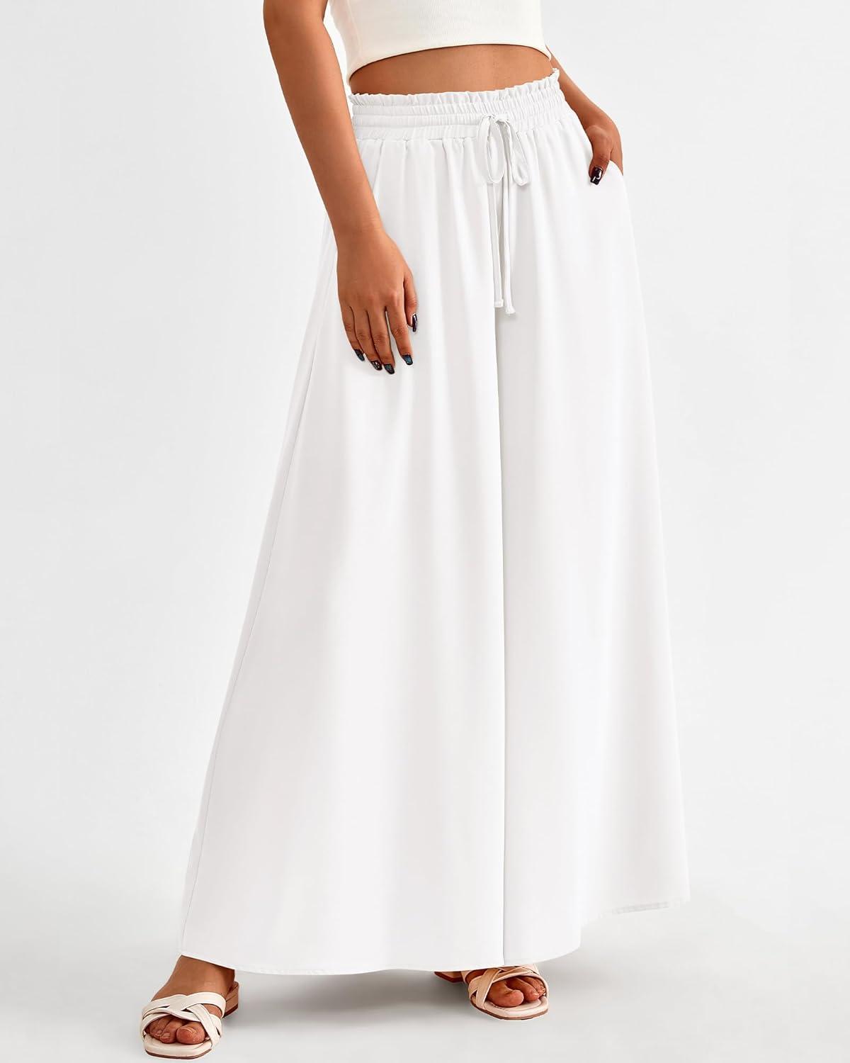 imageBTFBM Women Casual High Waist Wide Leg Pants 2026 Spring Summer Long Palazzo Pants Pocket Lounge Beach Vacation ClothesSolid White