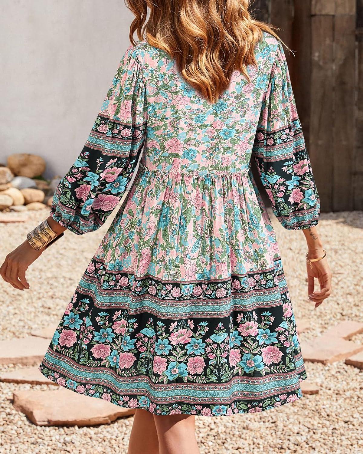 imageBTFBM Women Casual Spring Summer Dresses V Neck 34 Long Sleeve Ruffle Floral Flowy Boho Babydoll Mini Short Beach DressFloral Apricot