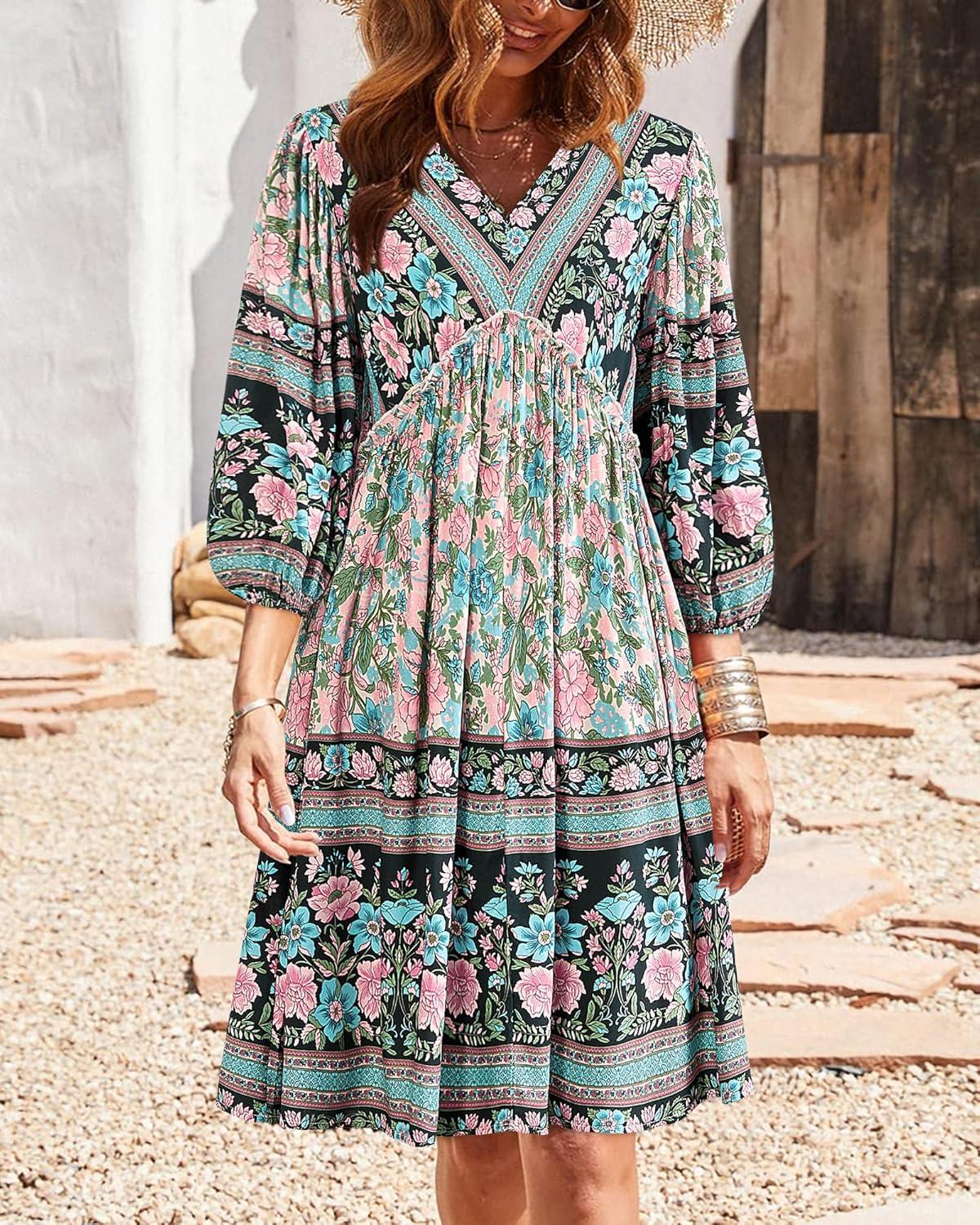 imageBTFBM Women Casual Spring Summer Dresses V Neck 34 Long Sleeve Ruffle Floral Flowy Boho Babydoll Mini Short Beach DressFloral Apricot