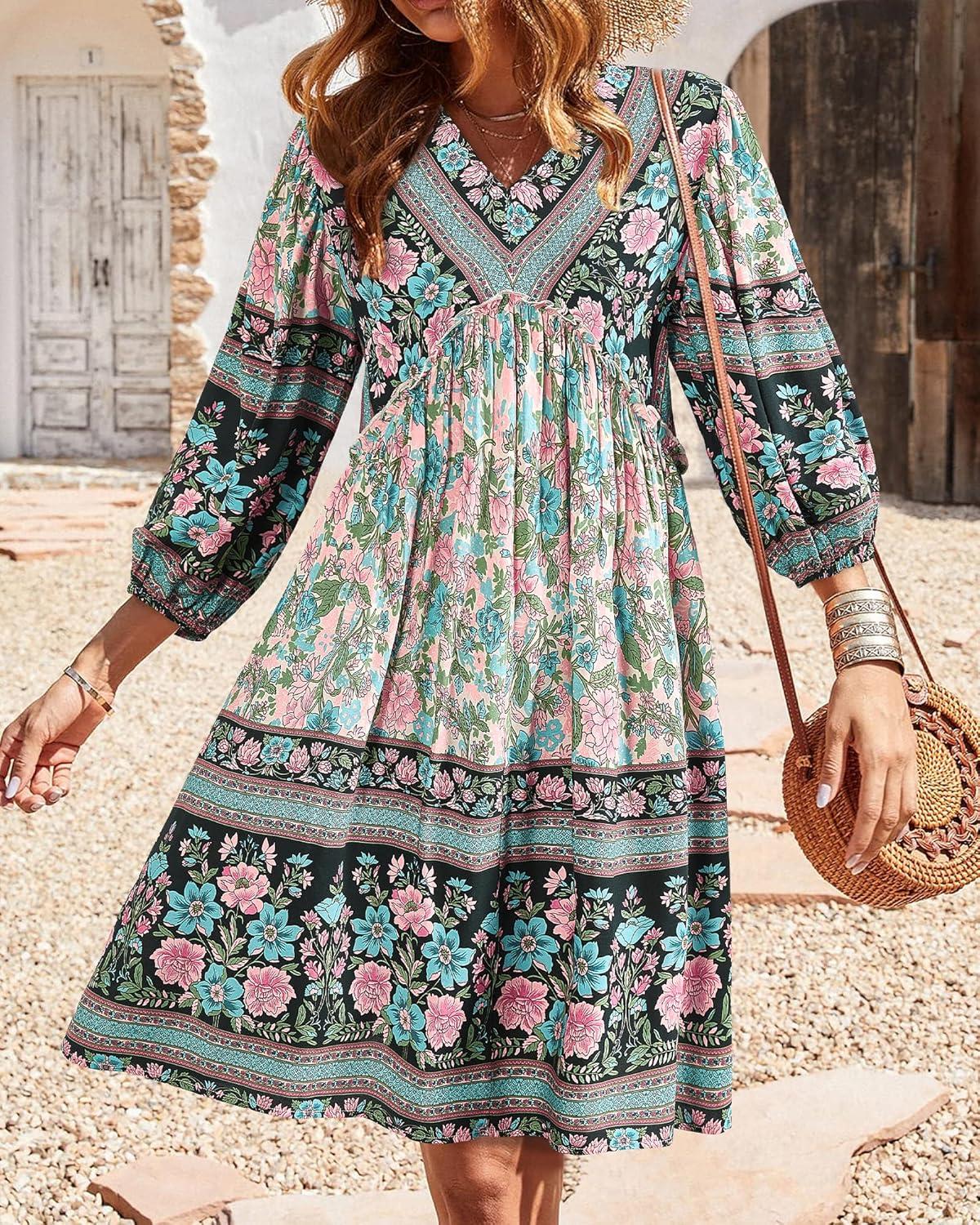 imageBTFBM Women Casual Spring Summer Dresses V Neck 34 Long Sleeve Ruffle Floral Flowy Boho Babydoll Mini Short Beach DressFloral Apricot