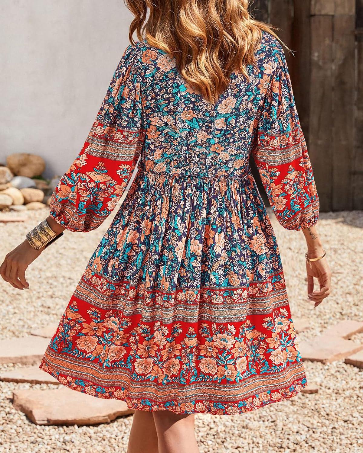 imageBTFBM Women Casual Spring Summer Dresses V Neck 34 Long Sleeve Ruffle Floral Flowy Boho Babydoll Mini Short Beach DressFloral Blue