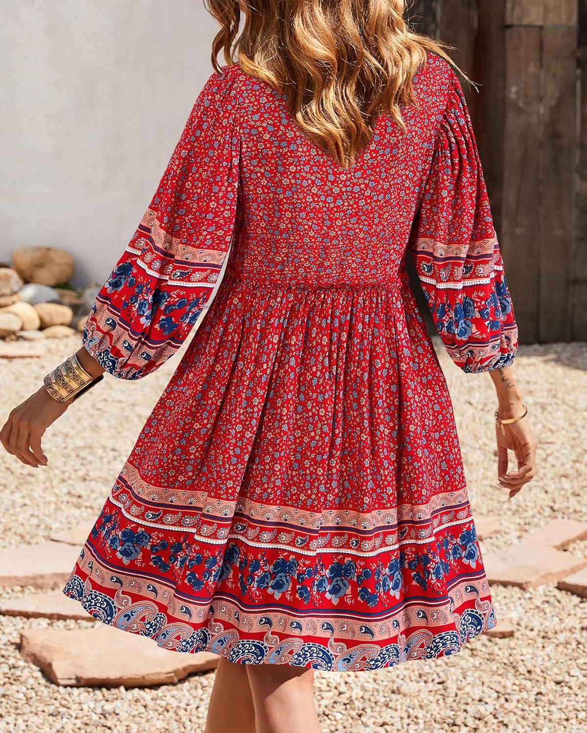 imageBTFBM Women Casual Spring Summer Dresses V Neck 34 Long Sleeve Ruffle Floral Flowy Boho Babydoll Mini Short Beach DressFloral Blue Red