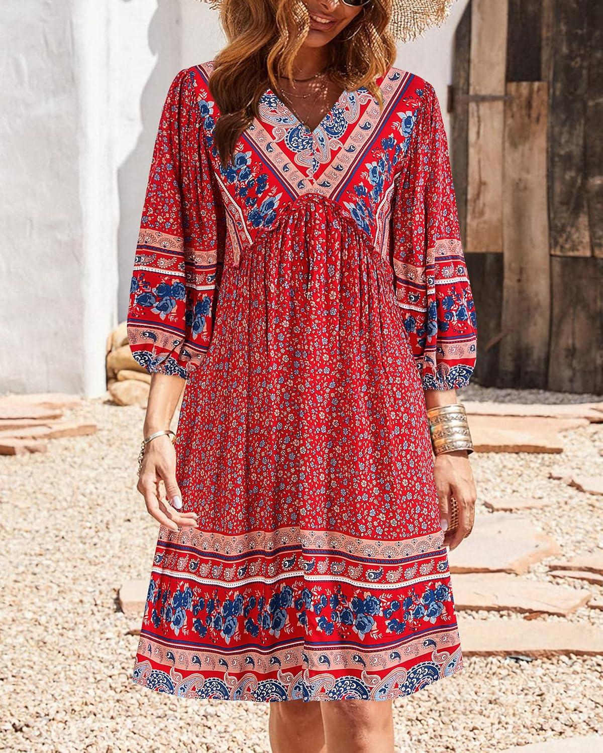 imageBTFBM Women Casual Spring Summer Dresses V Neck 34 Long Sleeve Ruffle Floral Flowy Boho Babydoll Mini Short Beach DressFloral Blue Red