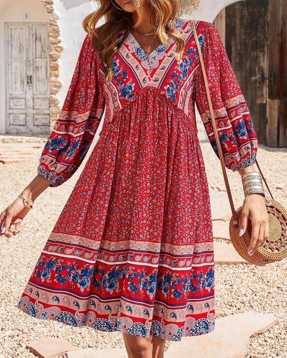 imageBTFBM Women Casual Spring Summer Dresses V Neck 34 Long Sleeve Ruffle Floral Flowy Boho Babydoll Mini Short Beach DressFloral Blue Red