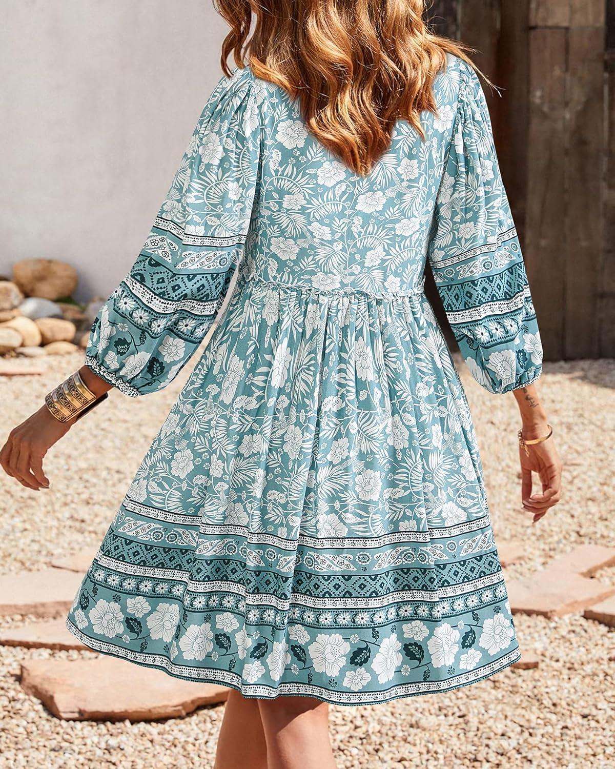 imageBTFBM Women Casual Spring Summer Dresses V Neck 34 Long Sleeve Ruffle Floral Flowy Boho Babydoll Mini Short Beach DressFloral Blue White